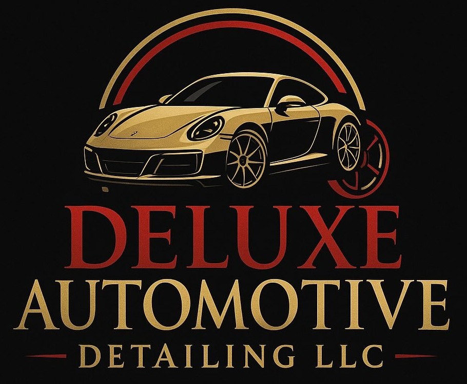 Deluxe Automotive Detailing LLC logo with gold Porsche 911 sports car on black background