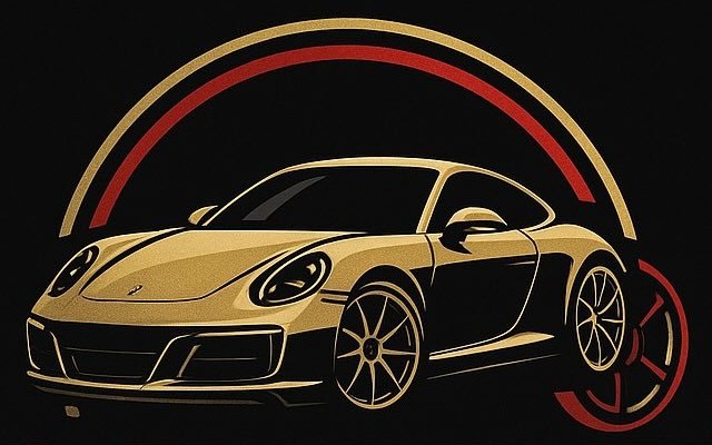Gold Porsche 911 sports car illustration with red and gold circular design elements on black background